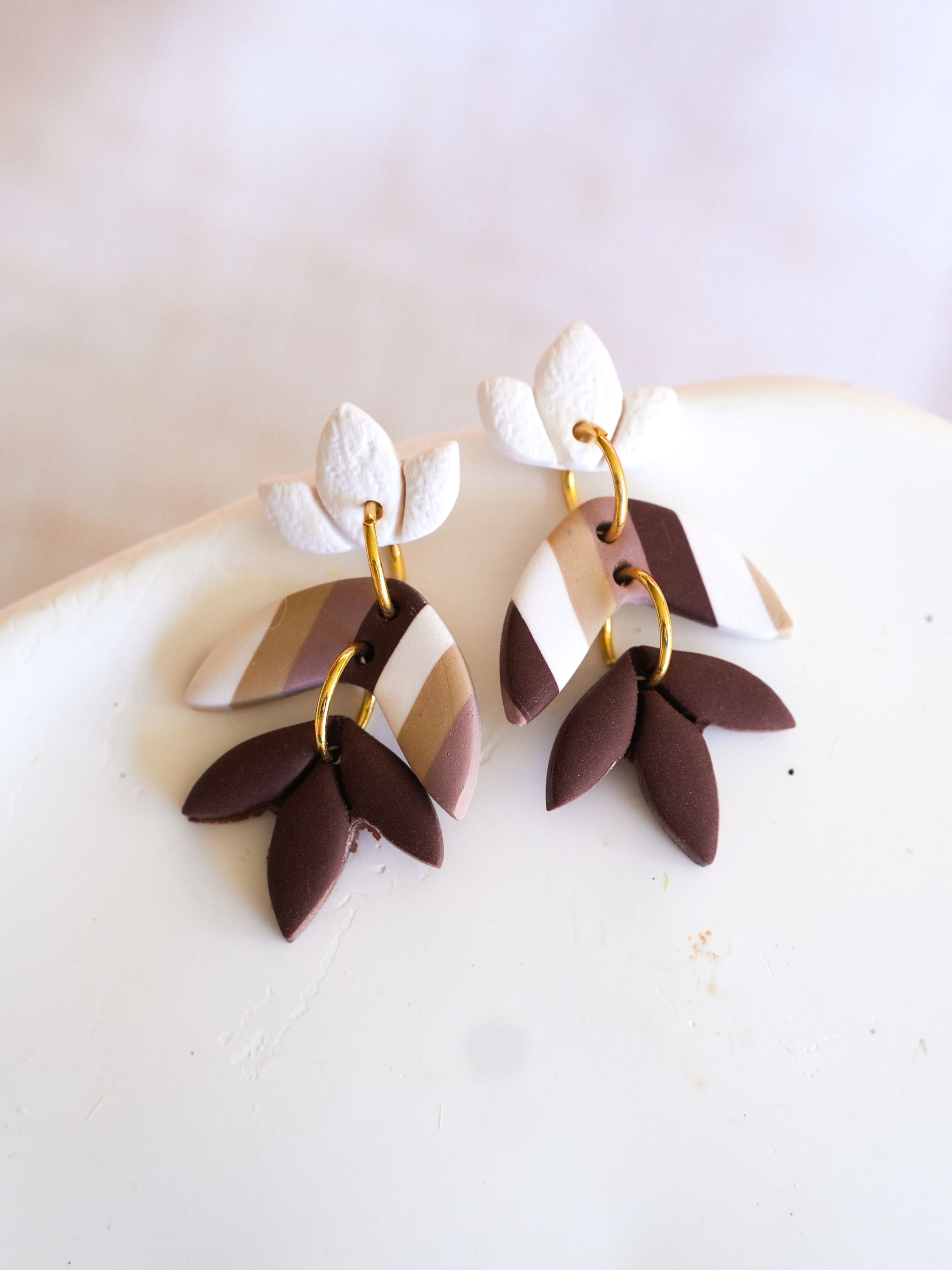 Desert Bloom Polymer Clay Statement Earrings | Blush, Cocoa & White