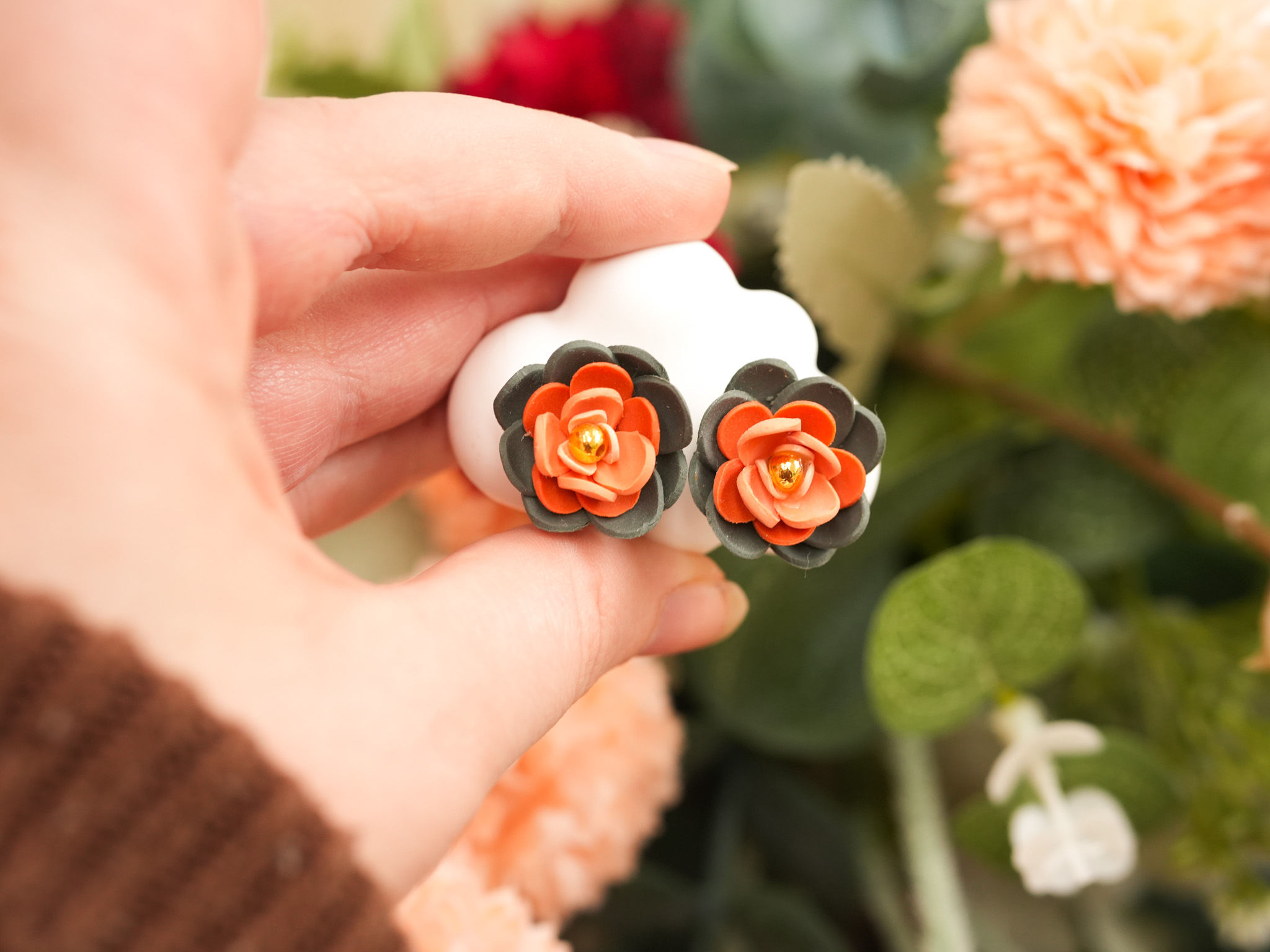 Orange Bloom 3D Flower Statement Stud Earrings