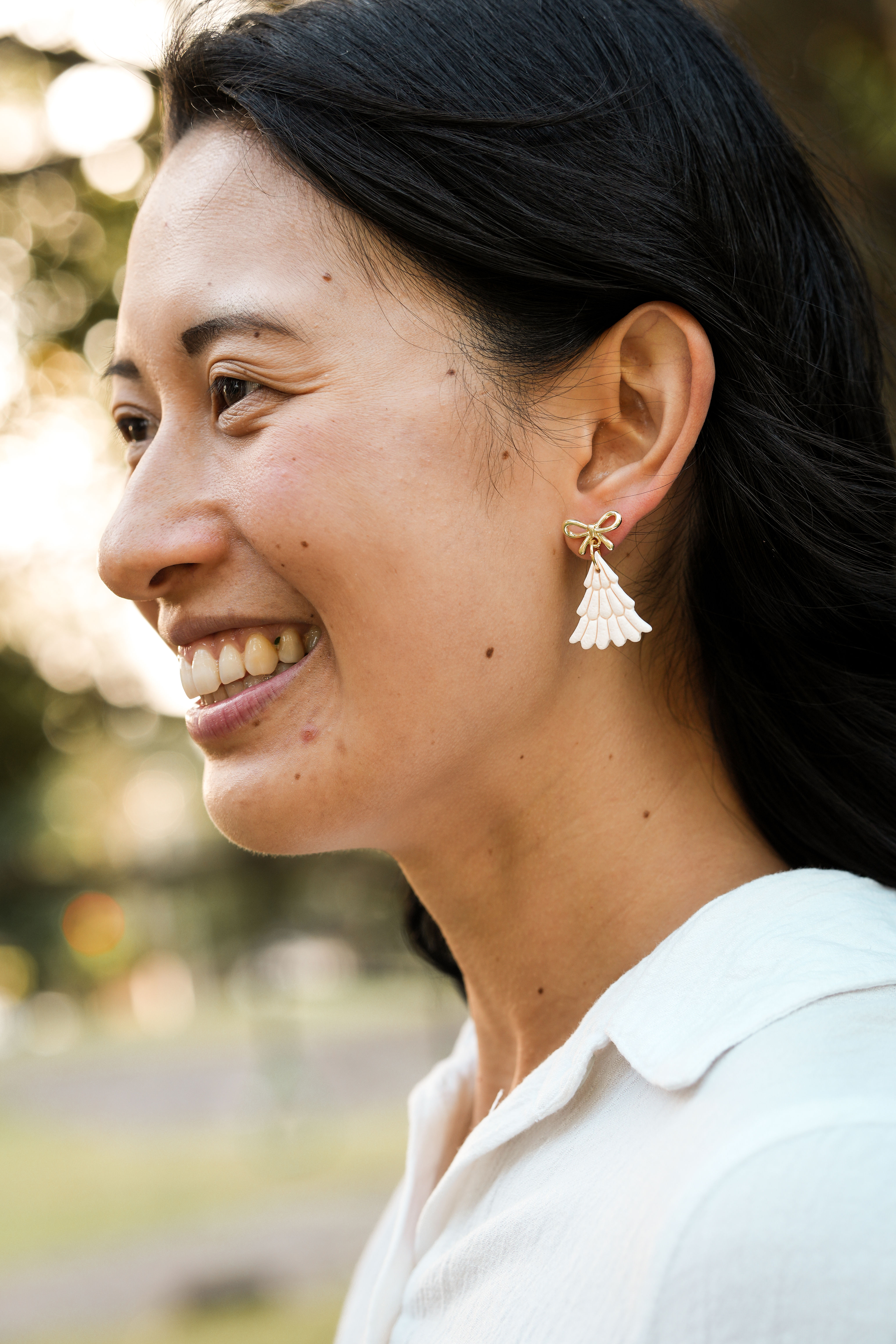 Mini Cream Christmas Tree Dangle Earrings with Silver Hooks