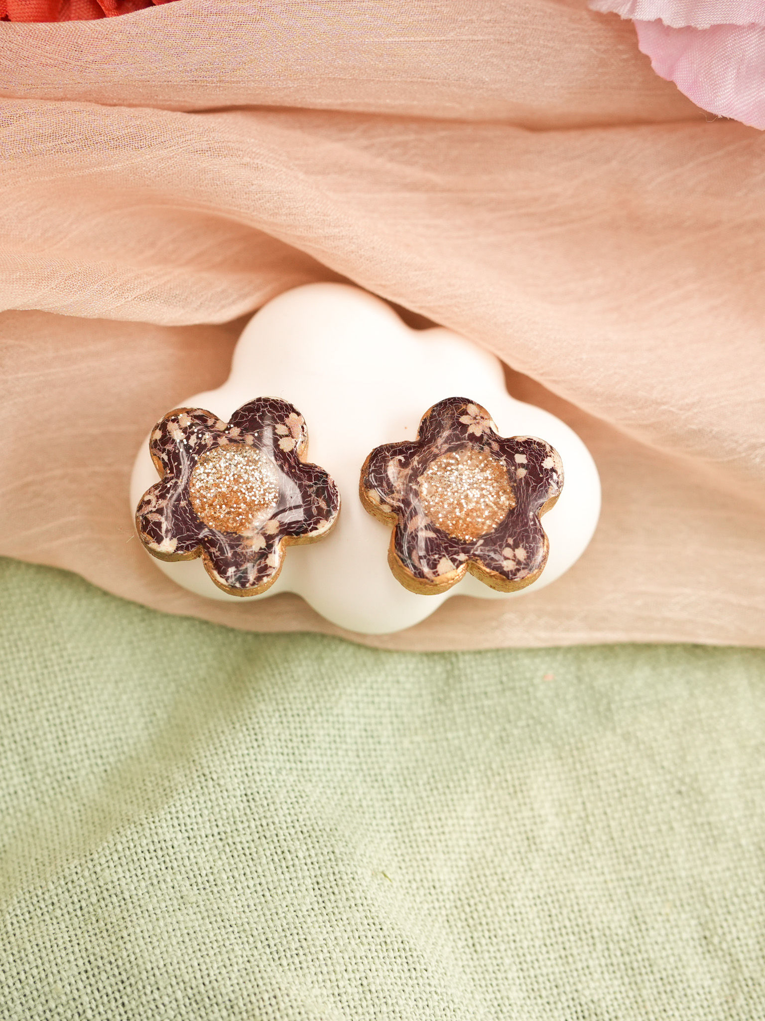 Glittered Gold & Brown Funky Flower Stud Earrings