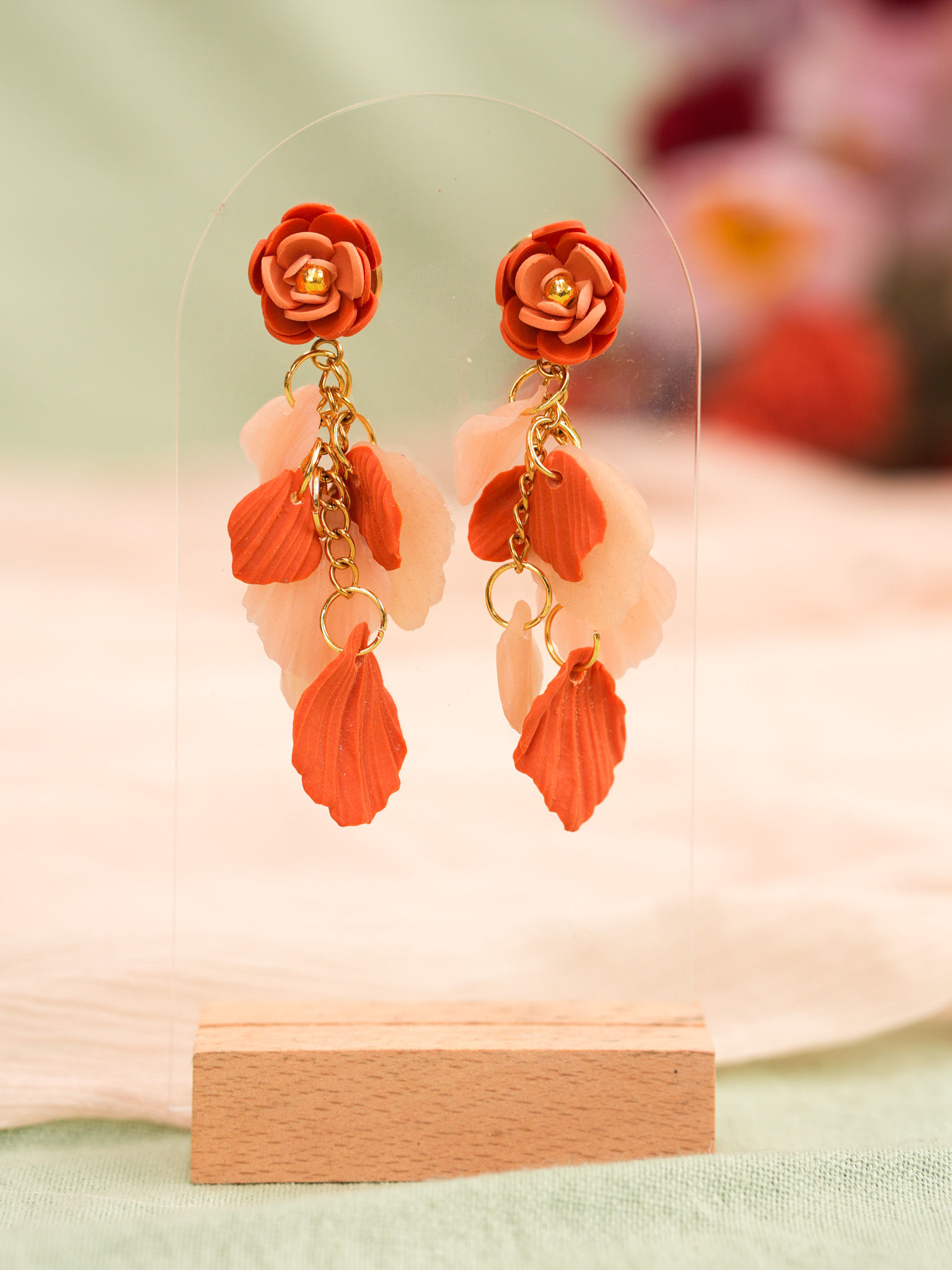 Burnt Orange Flower & Floaty Fall Leaves Statement Earrings