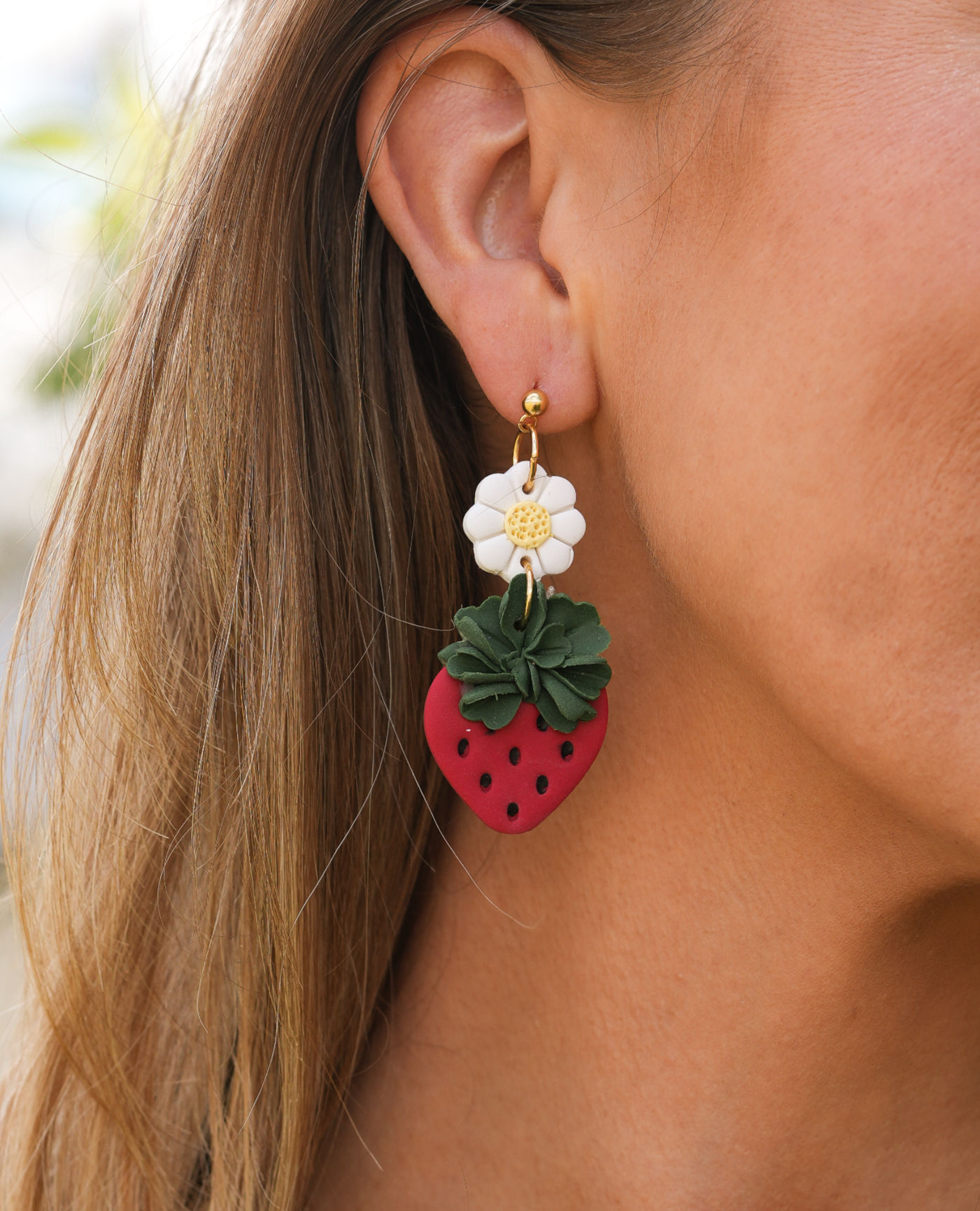 Strawberry Daisy Polymer Clay Statement Earrings | Fruit & Floral Dangles