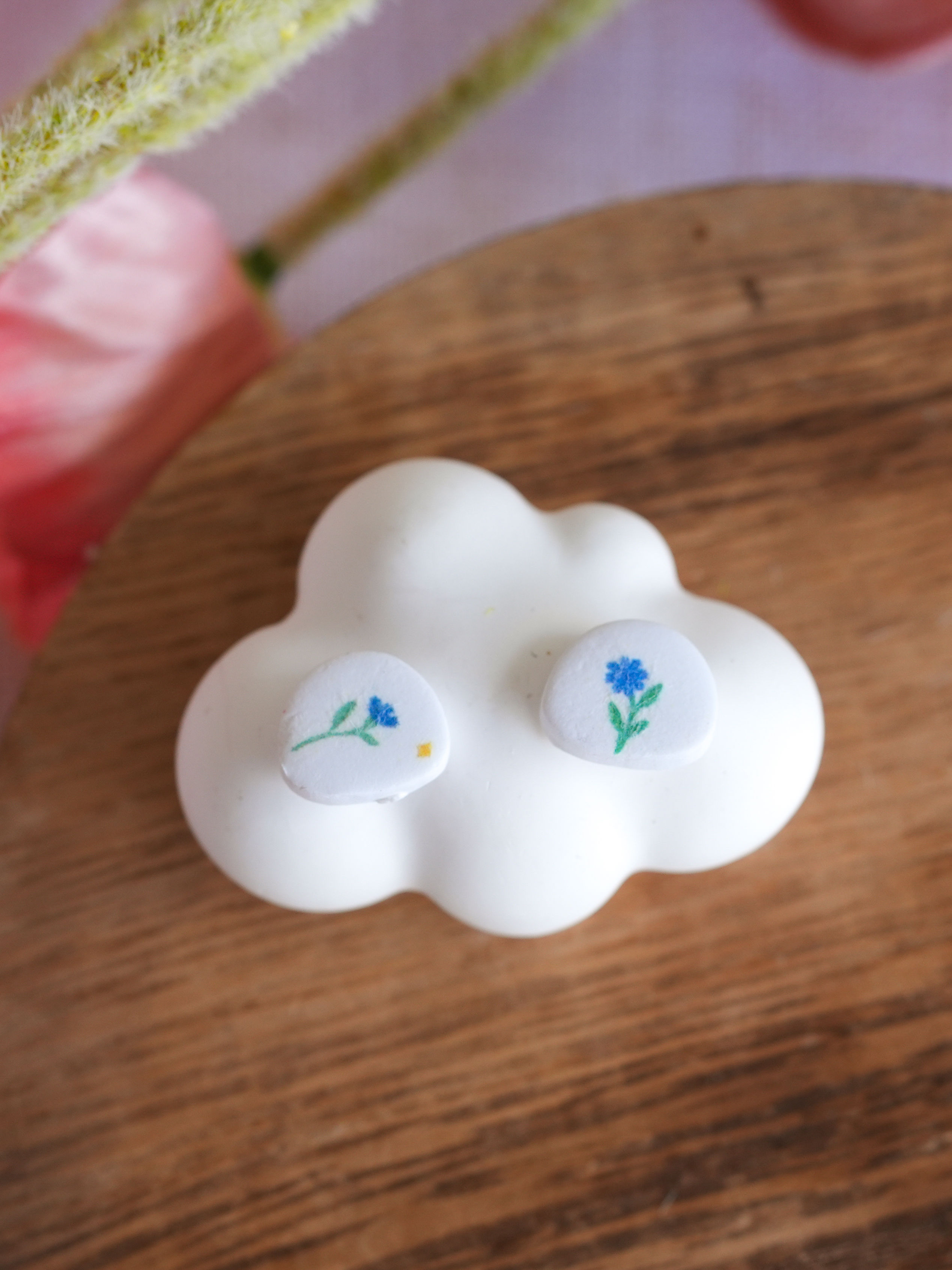 Sweet Blue Flower Print Polymer Clay Stud Earrings | Floral Earrings