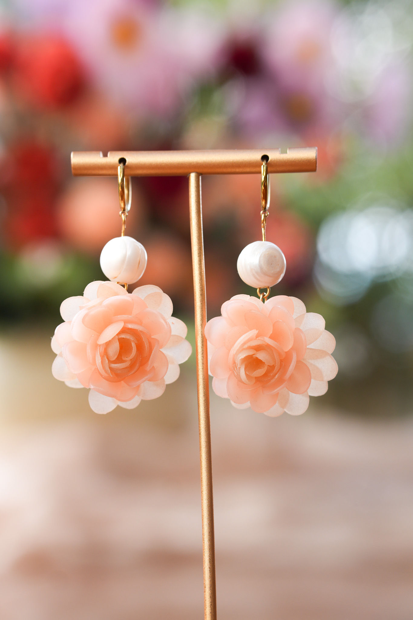 Peach Bloom Fluffy Flower Statement Earrings with XL Freshwater Pearl Hoops