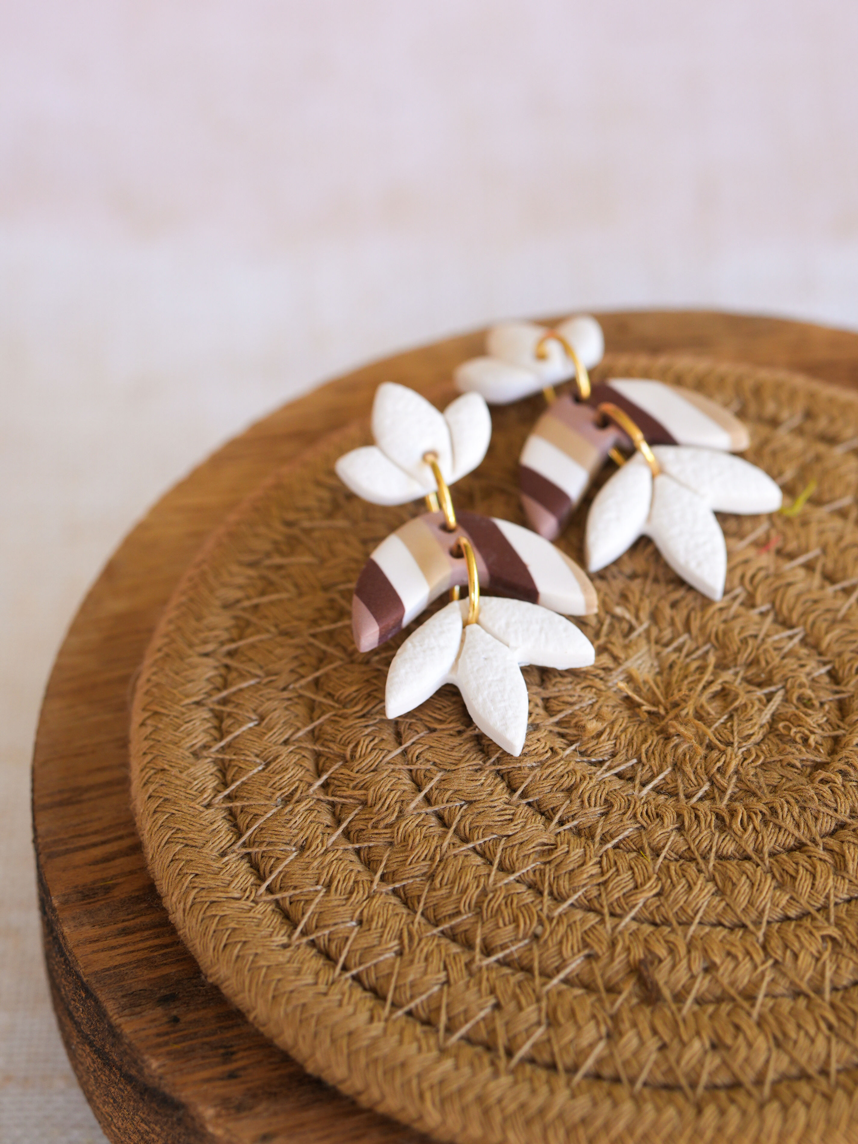Desert Bloom Polymer Clay Statement Earrings | Blush, Cocoa & White