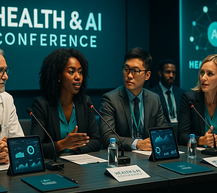 Diverse group at interactive health tech seminar with AI graphics