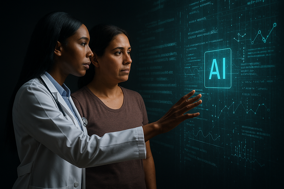 A woman stands in a dimly lit exam room, her doctor showing her a glowing teal AI-generated report on a screen. The woman looks anxious, her hands folded tightly, as the room feels dominated by technology rather than human warmth.