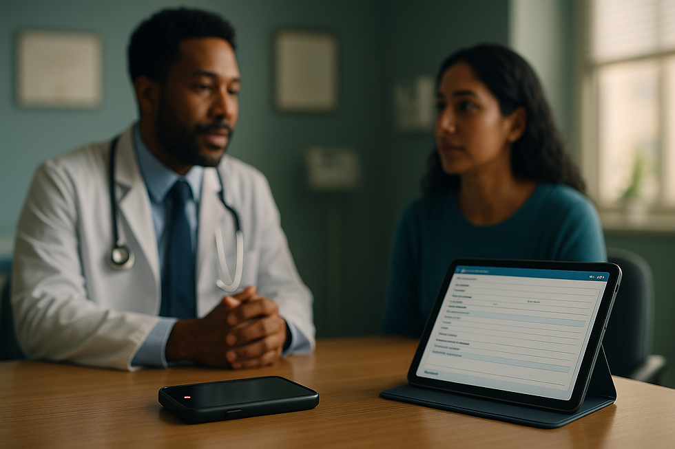 An AI-generated image of a doctor and patient in the exam room with an ambient AI scribe