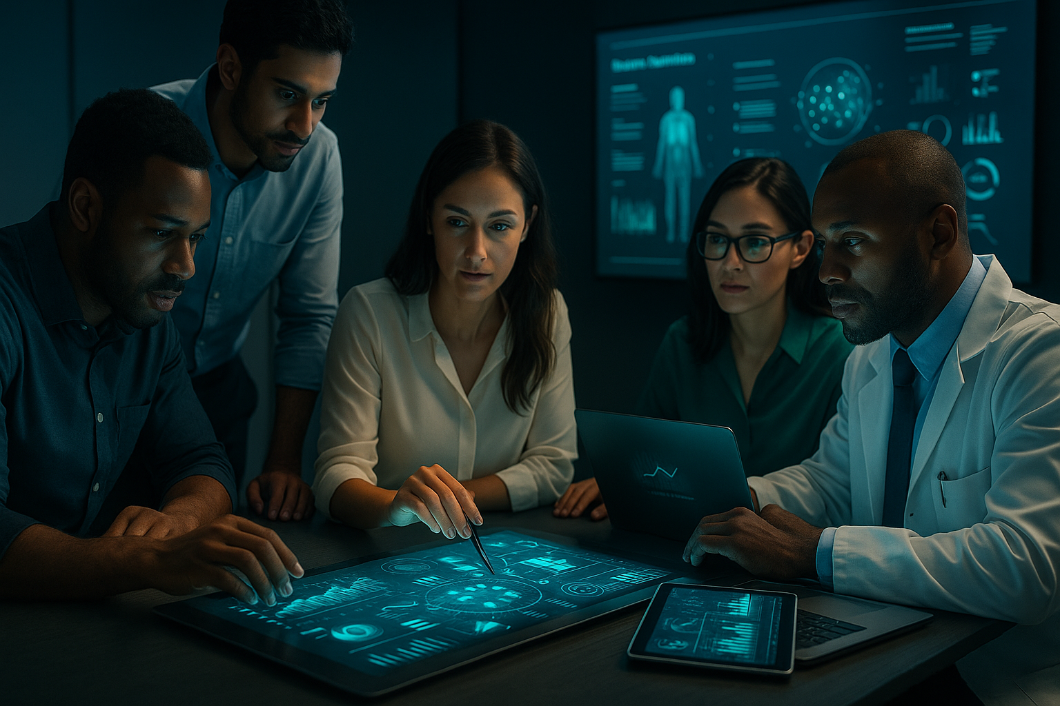Team planning healthcare AI strategy with data visualizations on screen.