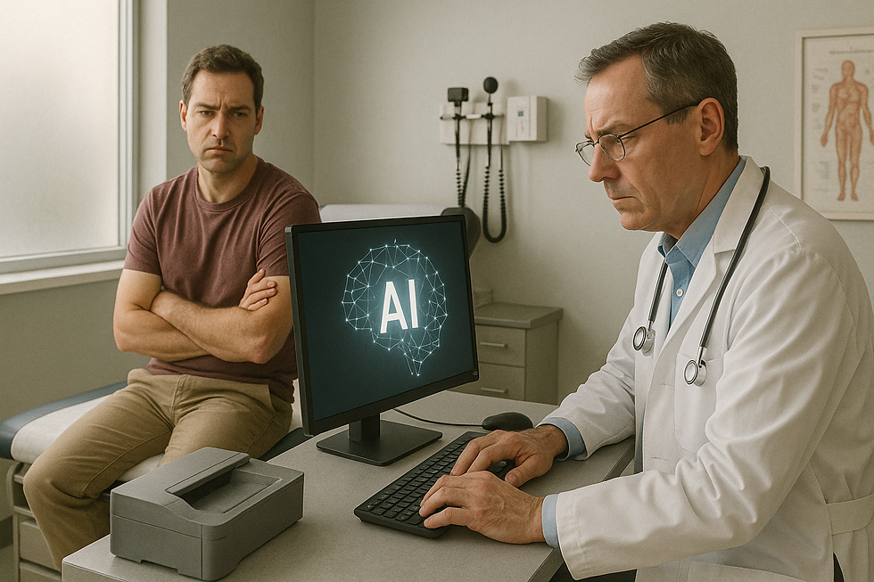 Patient in a medical exam room watching as a doctor focuses on a computer with AI software, showing a disconnect between them.
