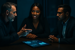Diverse team discussing digital health equity and AI data.