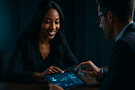 Black health tech consultant with client reviewing AI data on tablet