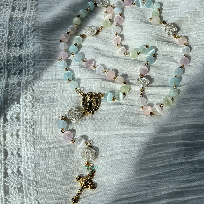 Catholic 5-decade rosary inspired by Divine Mercy devotion with soft pastel tones