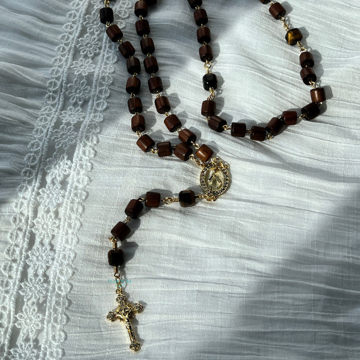 Catholic 5-decade rosary inspired by Saint Francis with earthy natural wood tones