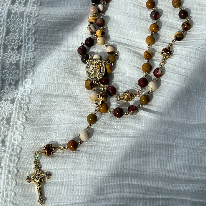Catholic 5-decade rosary inspired by Saint Joseph with natural mookaite gemstones