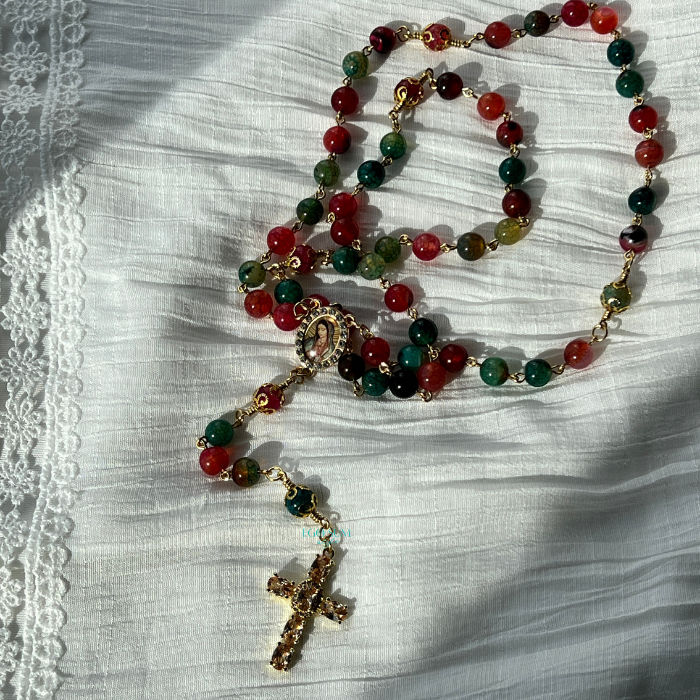 Catholic 5-decade rosary inspired by Our Lady of Guadalupe with multicolour crackled agate beads