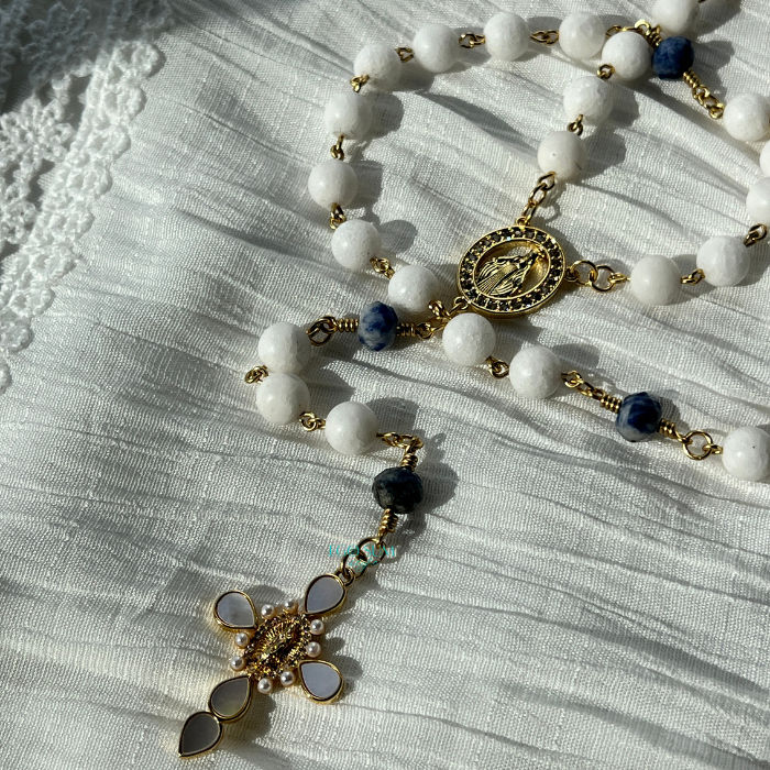 Thumbnail: Catholic 5-decade rosary inspired by Mother Teresa with white and blue elegant beads