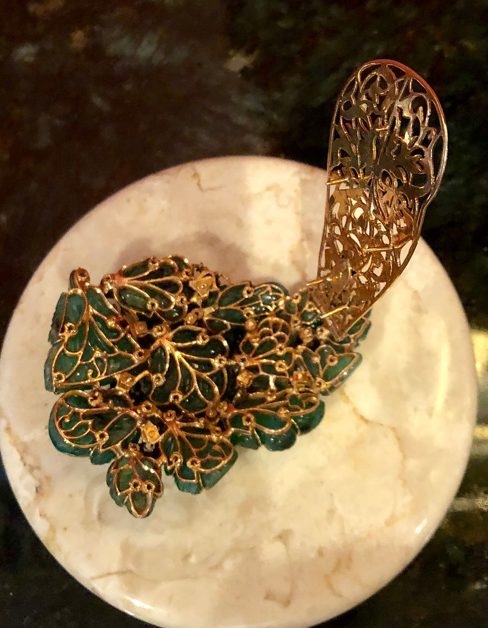 Thumbnail: Antique Large Emeraled Broach Mounted with Diamonds and Reticulated Gold