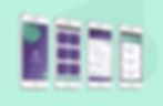 Vier Smartphones, welche die Oberfläche einer App darstellen.