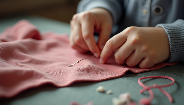 Eye-level view of a sewing artisan carefully stitching fabric