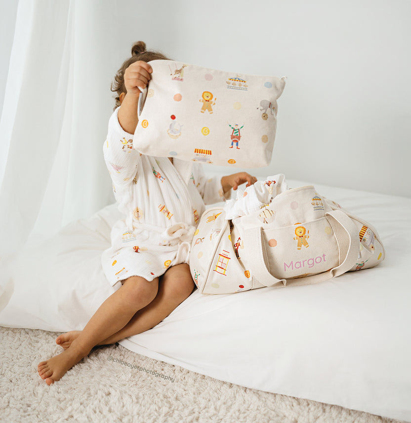 Hele Jelly Bean children's fun printed organic cotton dressing gown and bags