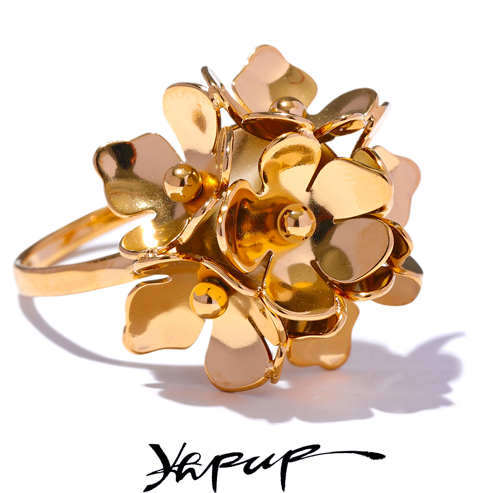 Yhpup Fashion Stainless Steel Stereoscopic Flower Metal Chic Adjustable Ring Wom