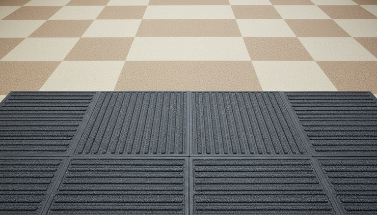 Top-down view of entrance mats and carpet tiles in a commercial public lobby