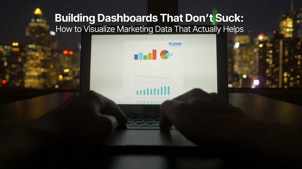 Hands typing on a laptop displaying colorful charts, set against a nighttime city skyline. Text reads, "Building Dashboards That Don’t Suck."
