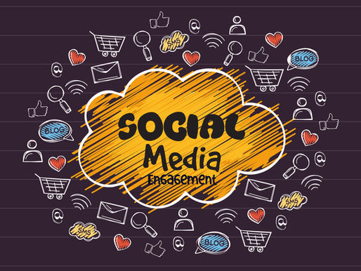 Yellow scribble cloud with "Social Media Engagement" text surrounded by social media icons on a dark striped background.