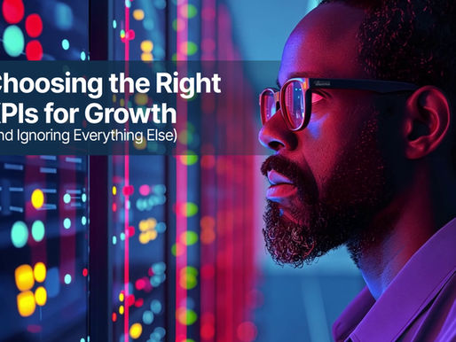 Man in glasses looking at colorful data lights, overlaid text reads Choosing the Right KPIs for Growth in a tech setting.