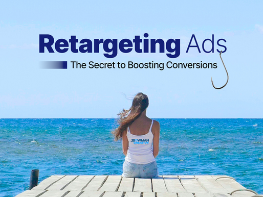 Woman in white shirt sits on pier facing ocean under blue sky. Text: "Retargeting Ads: The Secret to Boosting Conversions" with a hook.