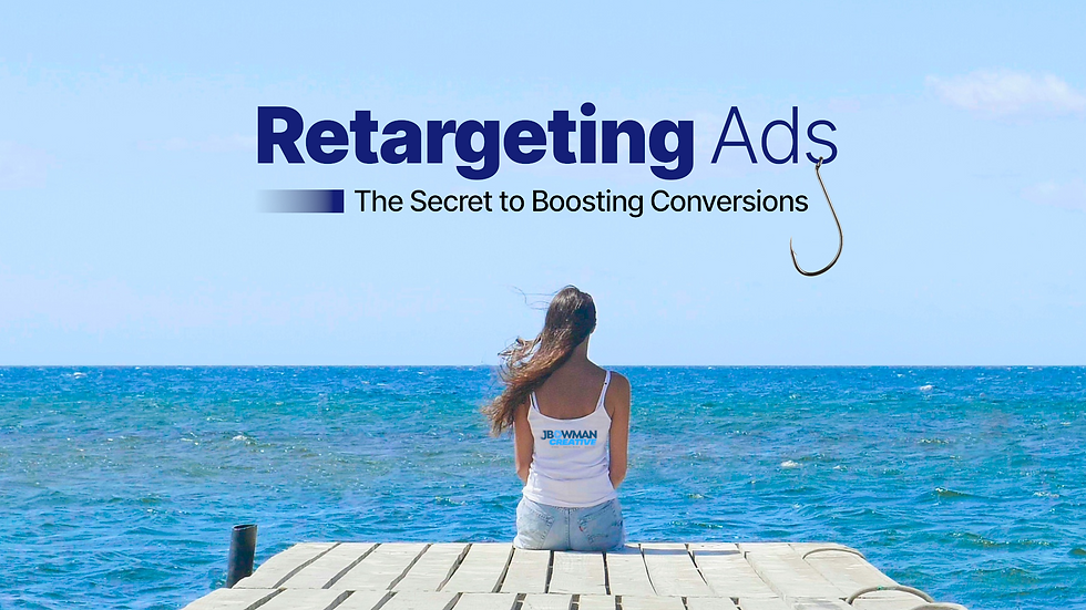 Woman in white shirt sits on pier facing ocean under blue sky. Text: "Retargeting Ads: The Secret to Boosting Conversions" with a hook.