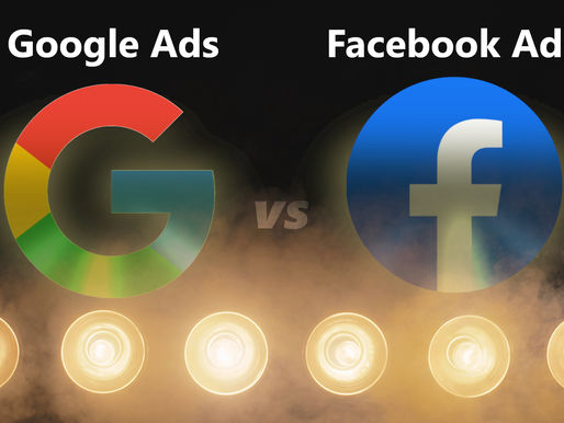 Google Ads vs Facebook Ads logos with a smoky background and bright lights below, conveying competition. Text reads "Google Ads" and "Facebook Ads."
