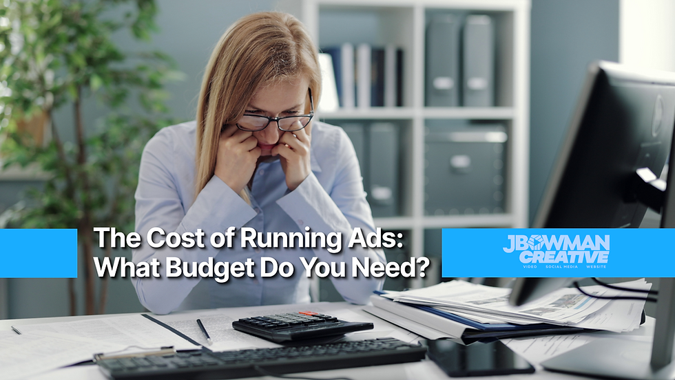 Woman in office looks worried, surrounded by papers and a calculator. Text: "The Cost of Running Ads: What Budget Do You Need?"