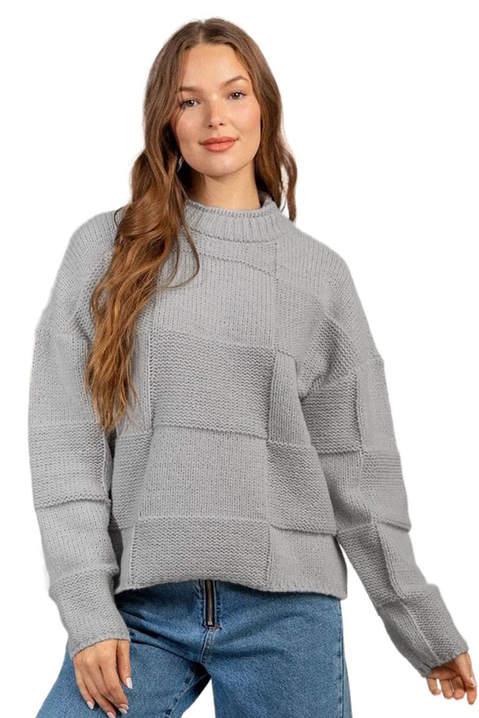 Thumbnail: Gray Mock Neck Checkered Textured Sweater