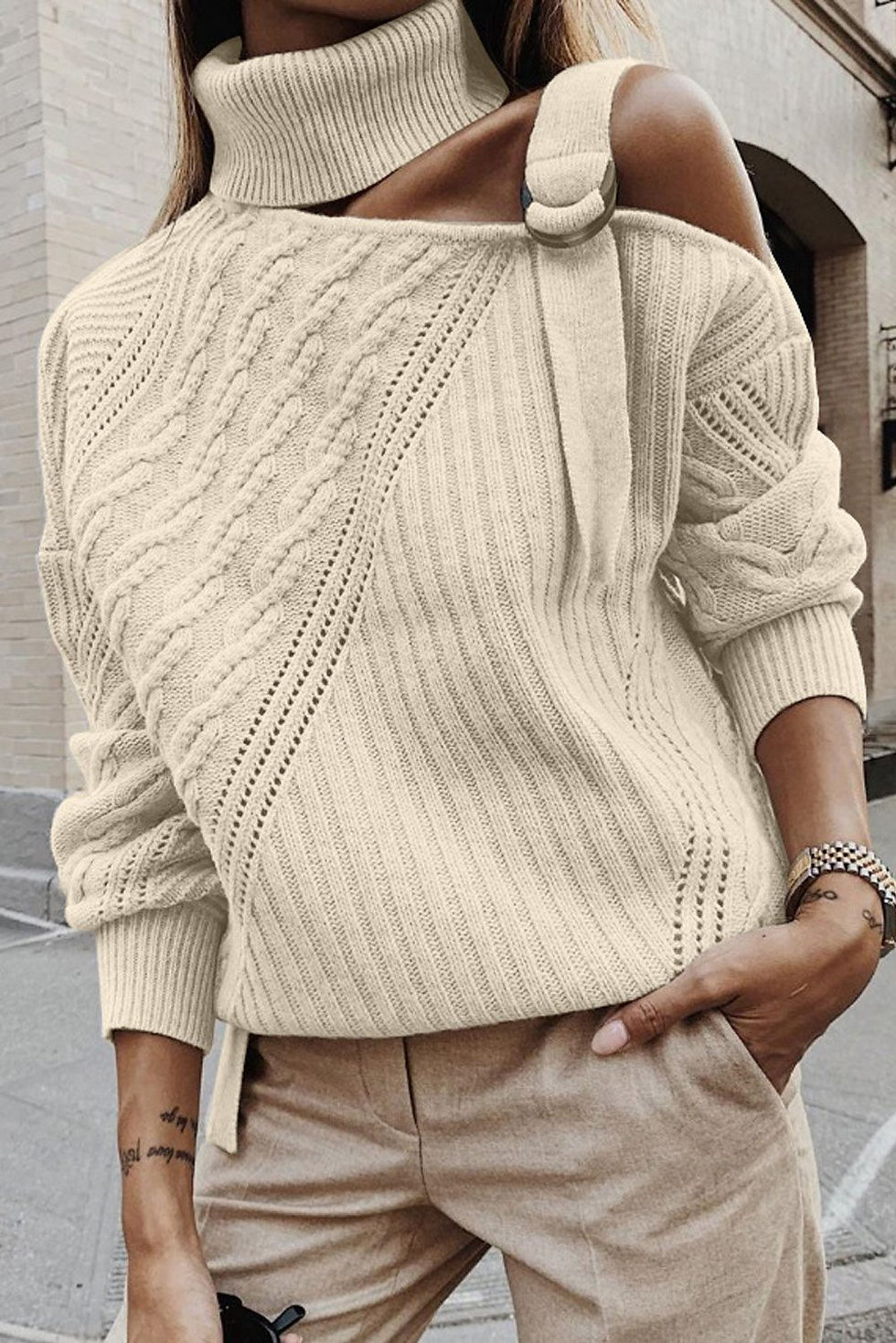 Thumbnail: Strapped Cut out Shoulder Turtleneck Sweater