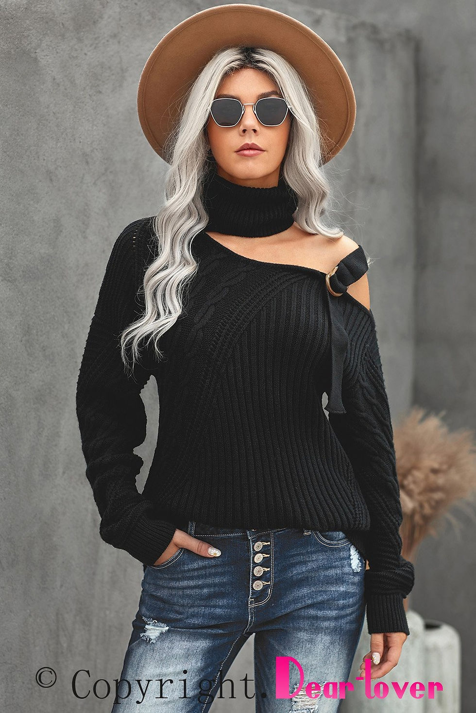 Thumbnail: Strapped Cut out Shoulder Turtleneck Sweater