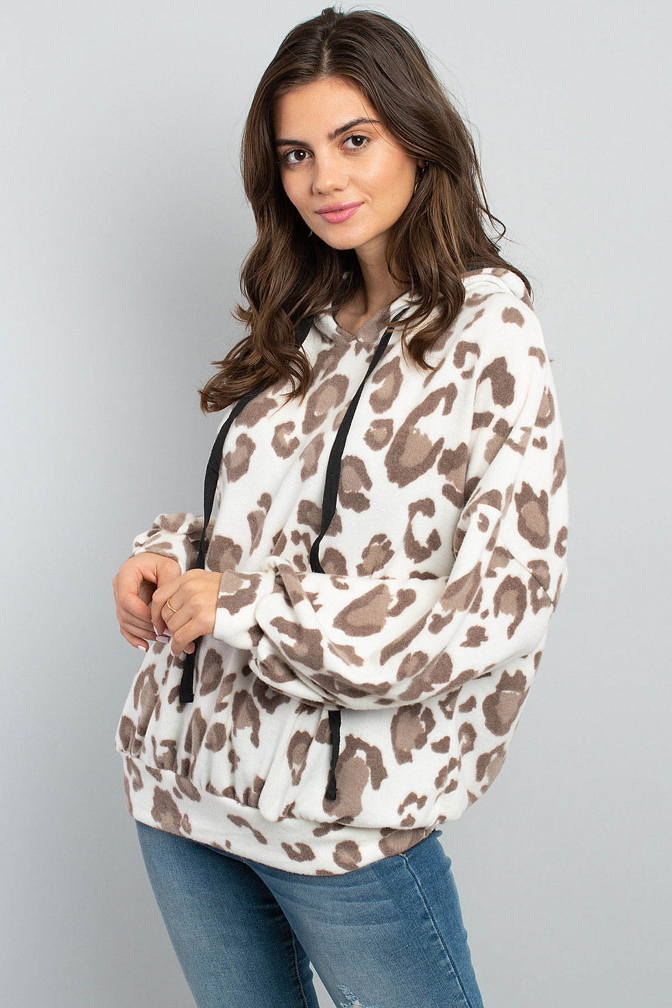 Thumbnail: Leopard Brushed Hacci Puff Sleeved Hoodie With Drawstrings