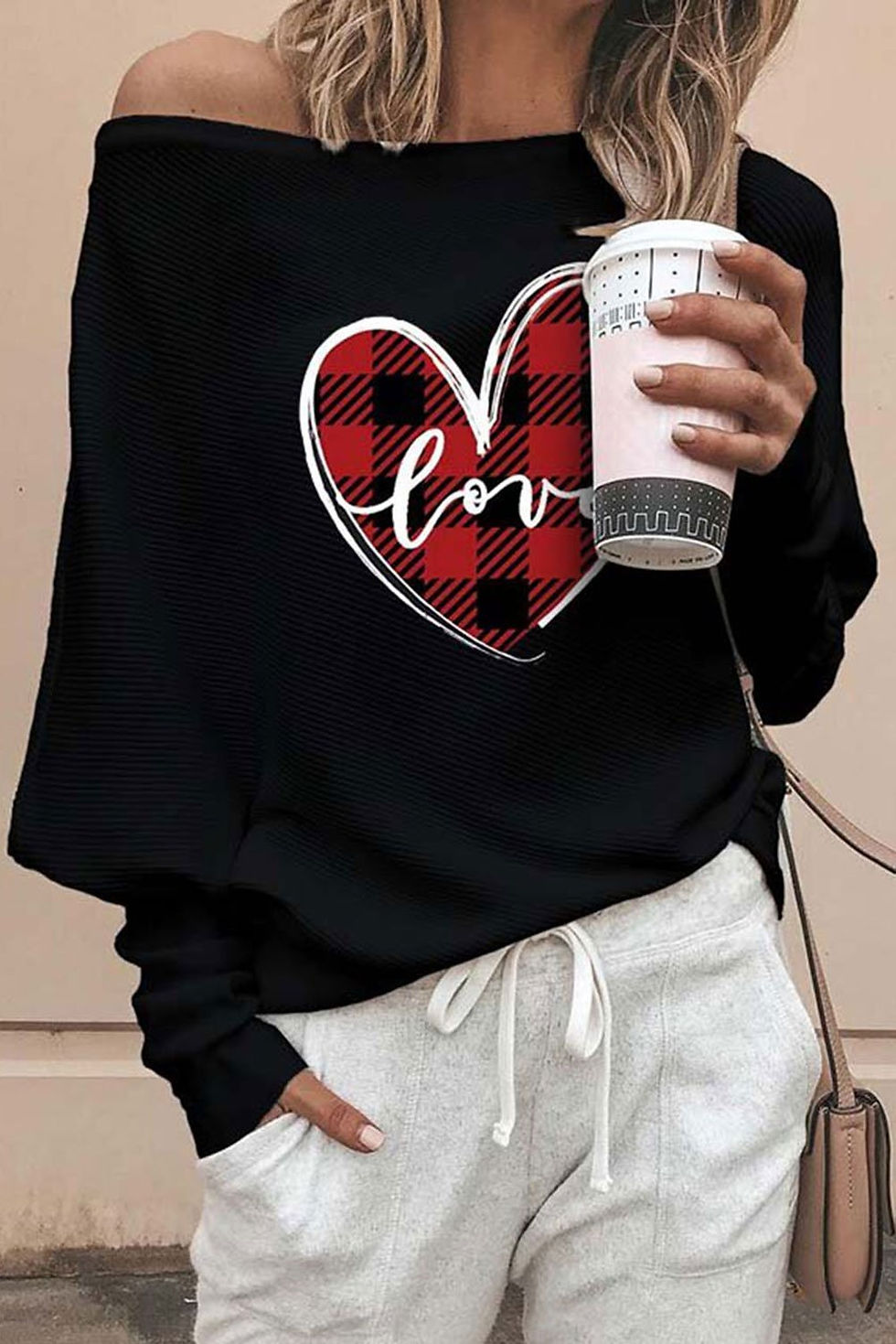 Thumbnail: Valentine Love Heart Plaid Printed Splicing Bat Sleeve Top