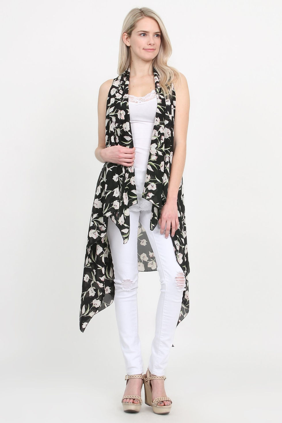 Thumbnail: Semi Sheer Floral Vest Cardigan