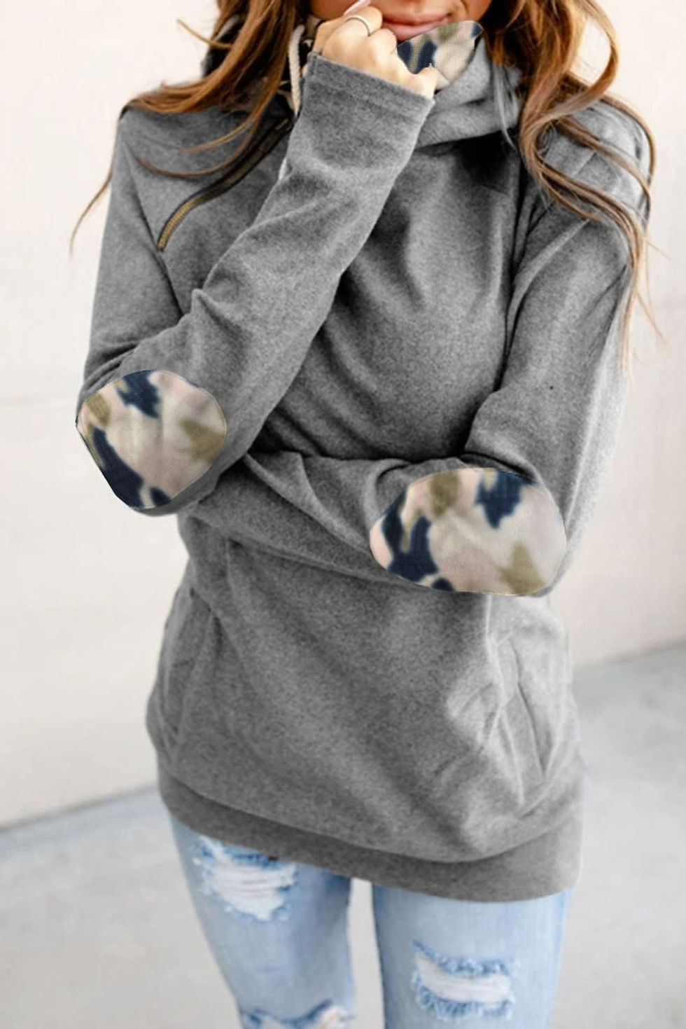 Thumbnail: Double Hooded Sweatshirt with Camo Elbow Patch and Inner Hooded