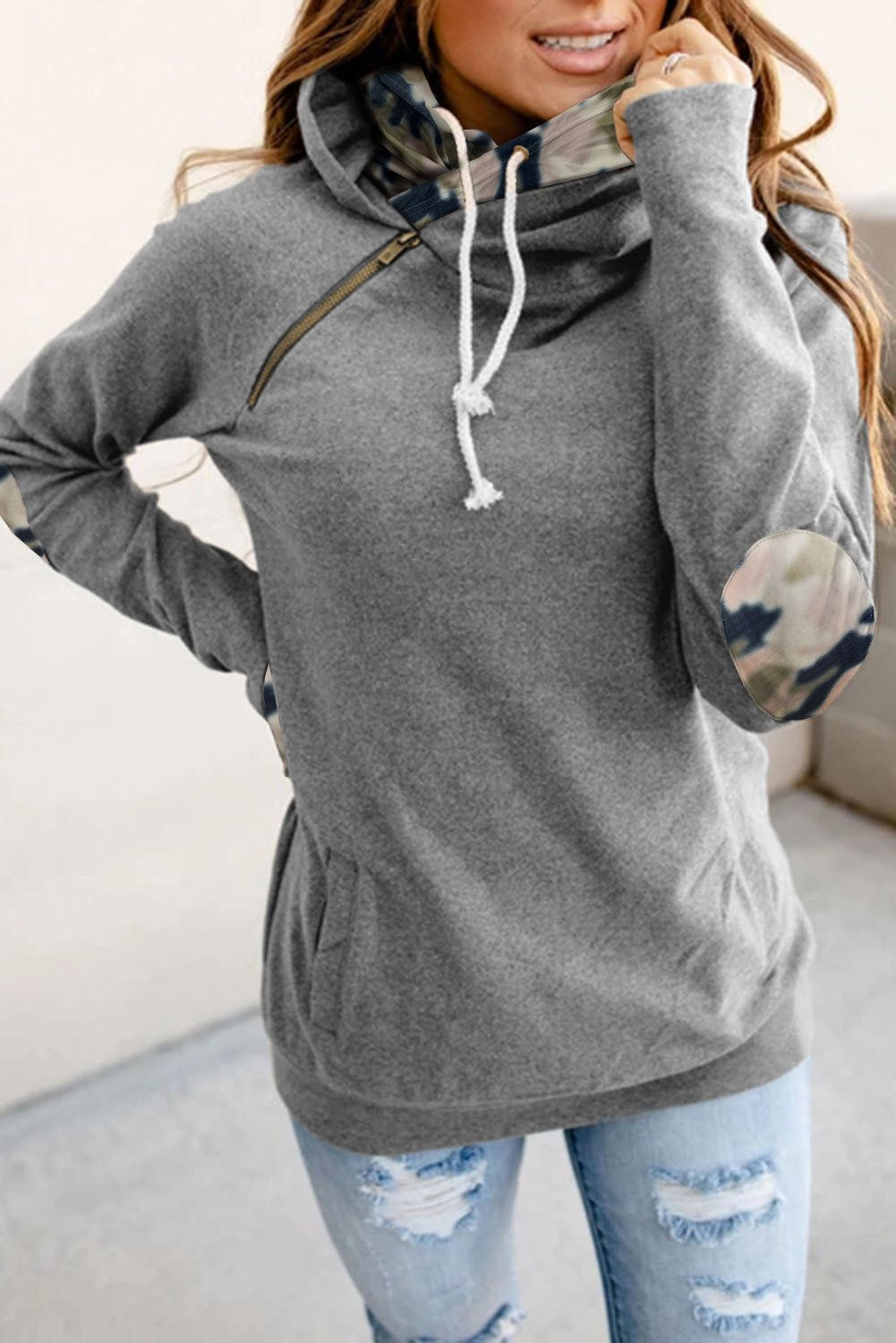 Double Hooded Sweatshirt with Camo Elbow Patch and Inner Hooded