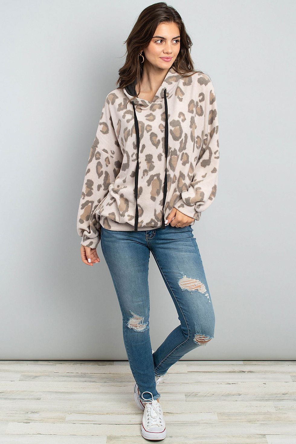 Thumbnail: Leopard Brushed Hacci Puff Sleeved Hoodie With Drawstrings