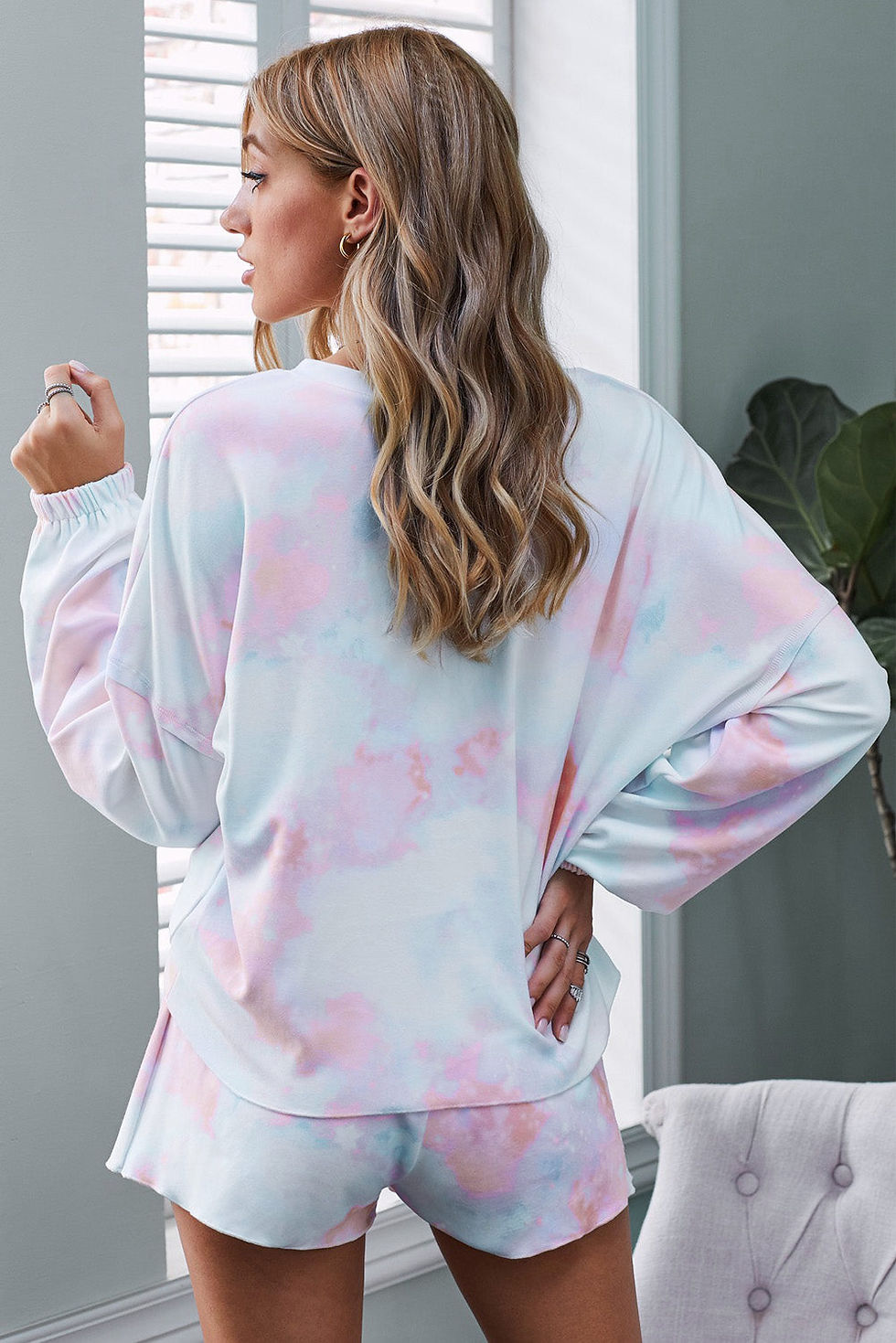 Thumbnail: Orange Tie Dye Knit Long Sleeve and Short Pajamas Set