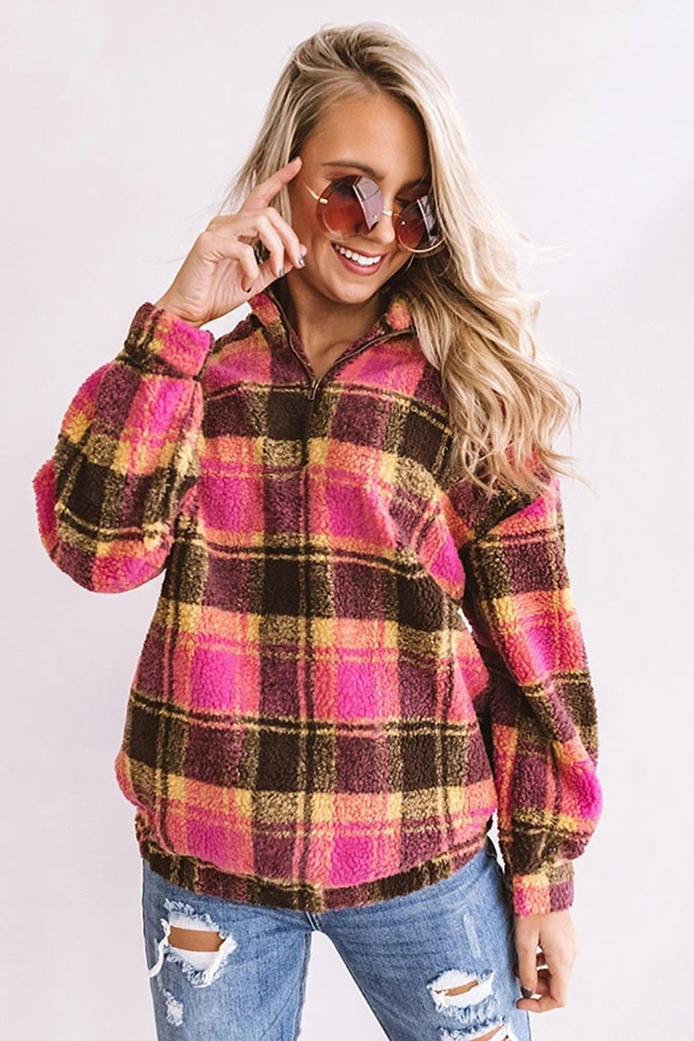 Thumbnail: Plaid Zipper Stand Collar Sherpa Pullover Sweatshirt