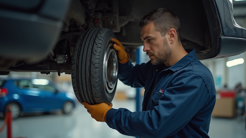 Eye-level view of a mechanic inspecting a car wheel bearing