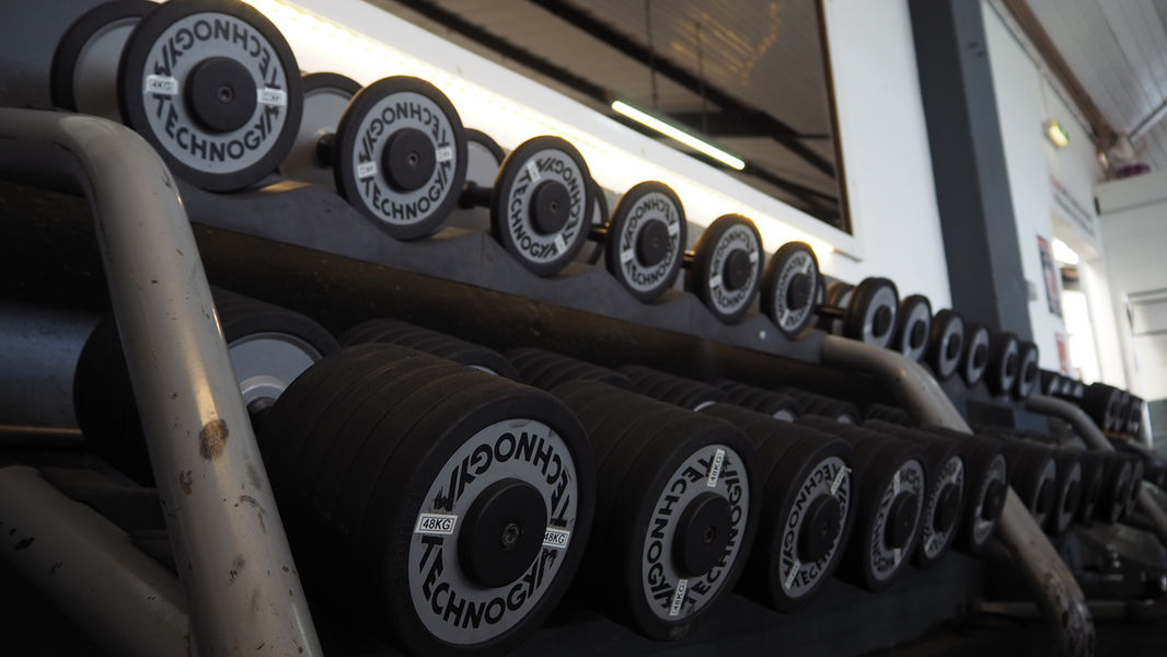 Technogym gym equipment. Dumbbell set at Musclefactory Swinton. Free weights gym in Rotherham