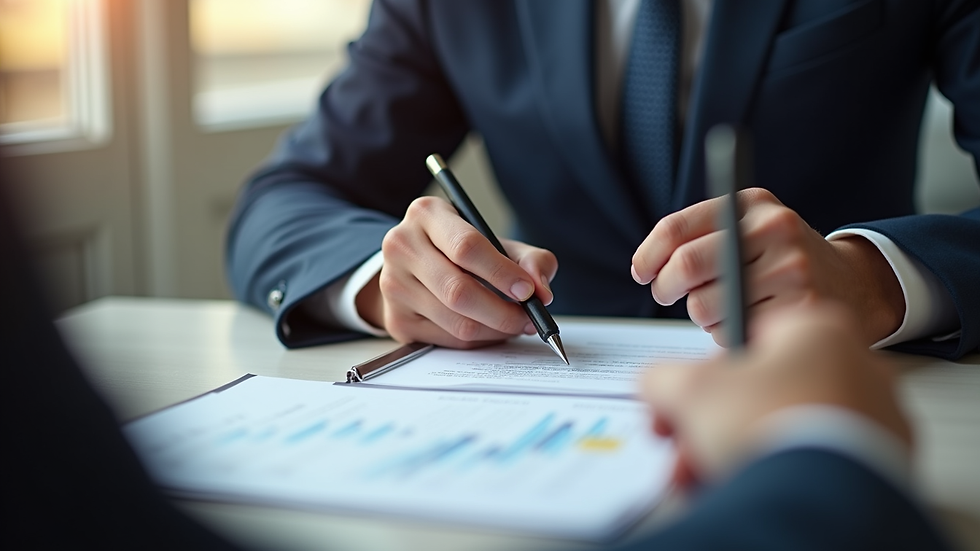 Close-up view of a solicitor discussing documents with a client