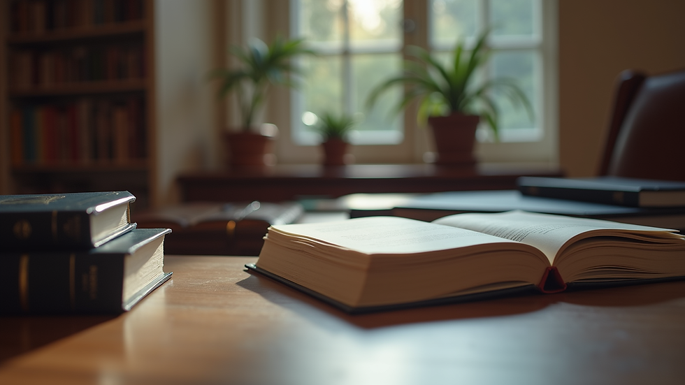 Eye-level view of a solicitor's office with legal books and documents