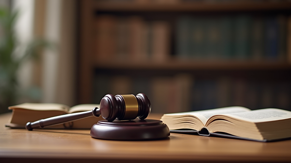 Close-up view of legal books and a gavel on a wooden table in a solicitor's office